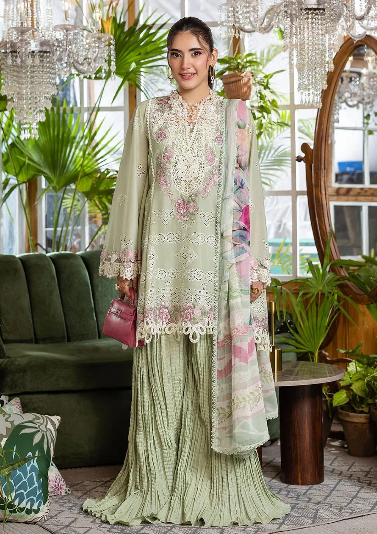 Shop the Maria B luxury lawn cotton 3-piece suit with heavy multi-head embroidery and a ready-to-wear Swiss voile dupatta with 4-side embroidery. Order now from IZ Pattern and Place.