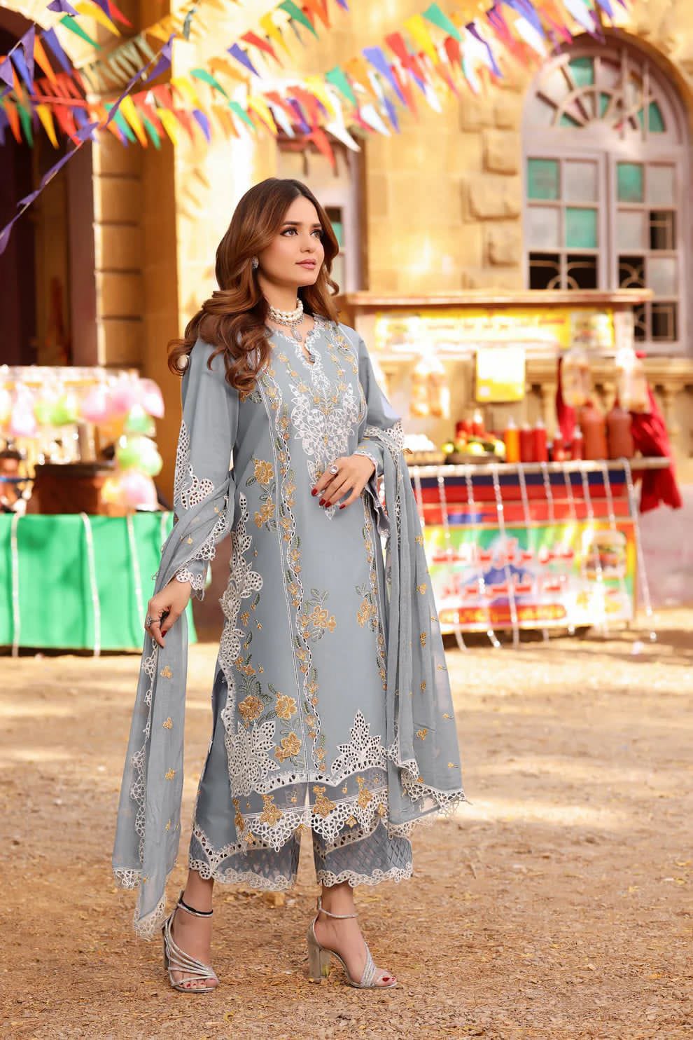 Aneela 9022 heavy embroidered Dhanak suit front