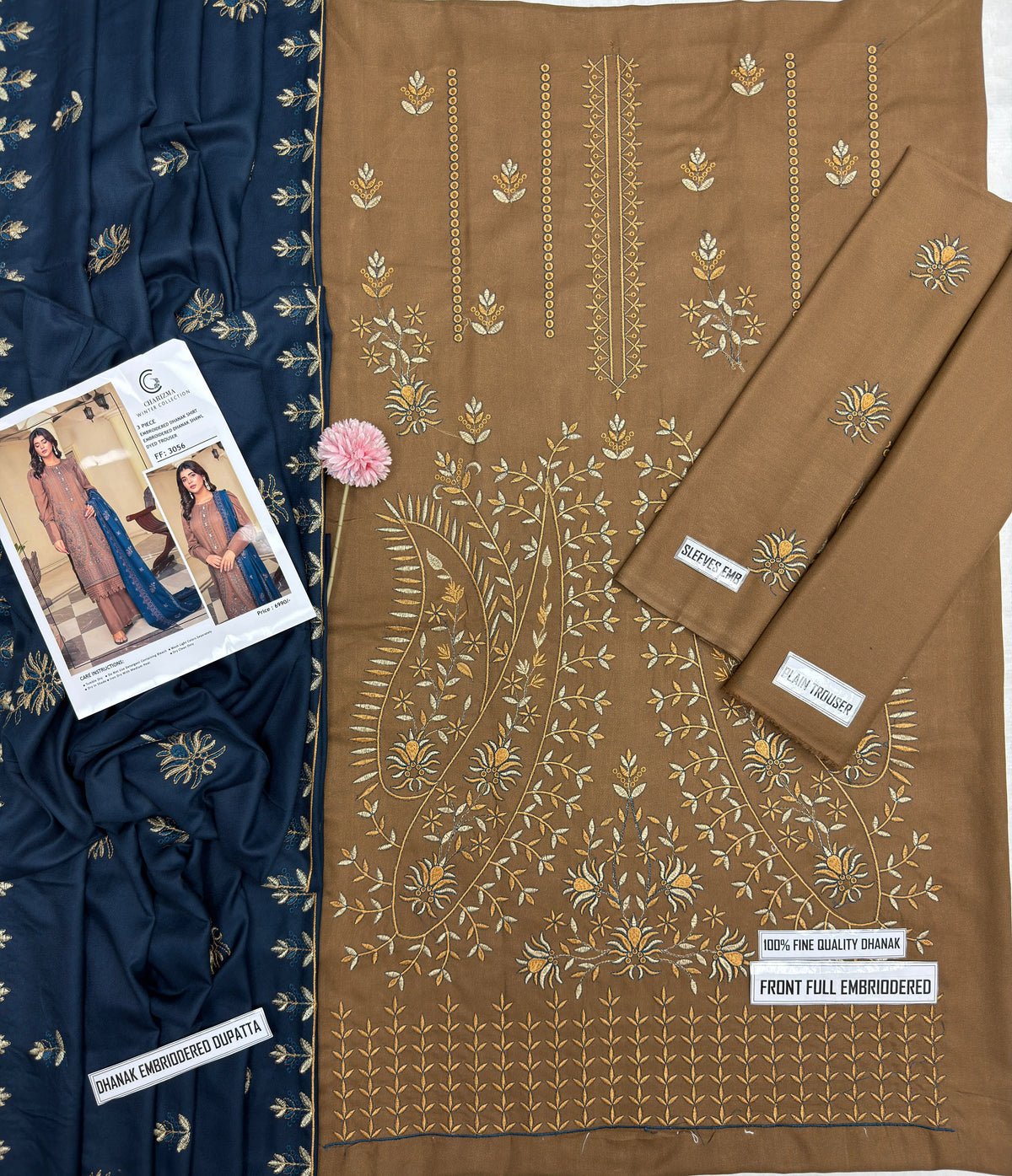 Charizma 3056 embroidered Dhanak suit detail