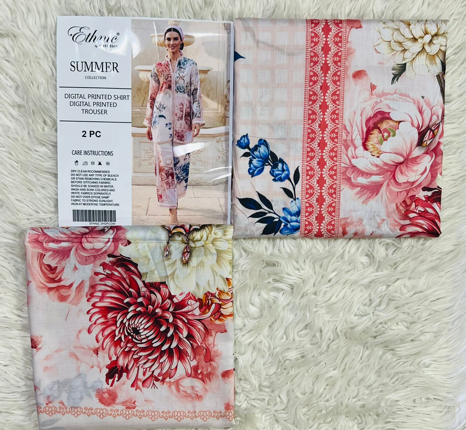 Shop the Ethnic digital printed lawn 2-piece unstitched suit for everyday summer style. Order now from IZ Pattern and Place.
