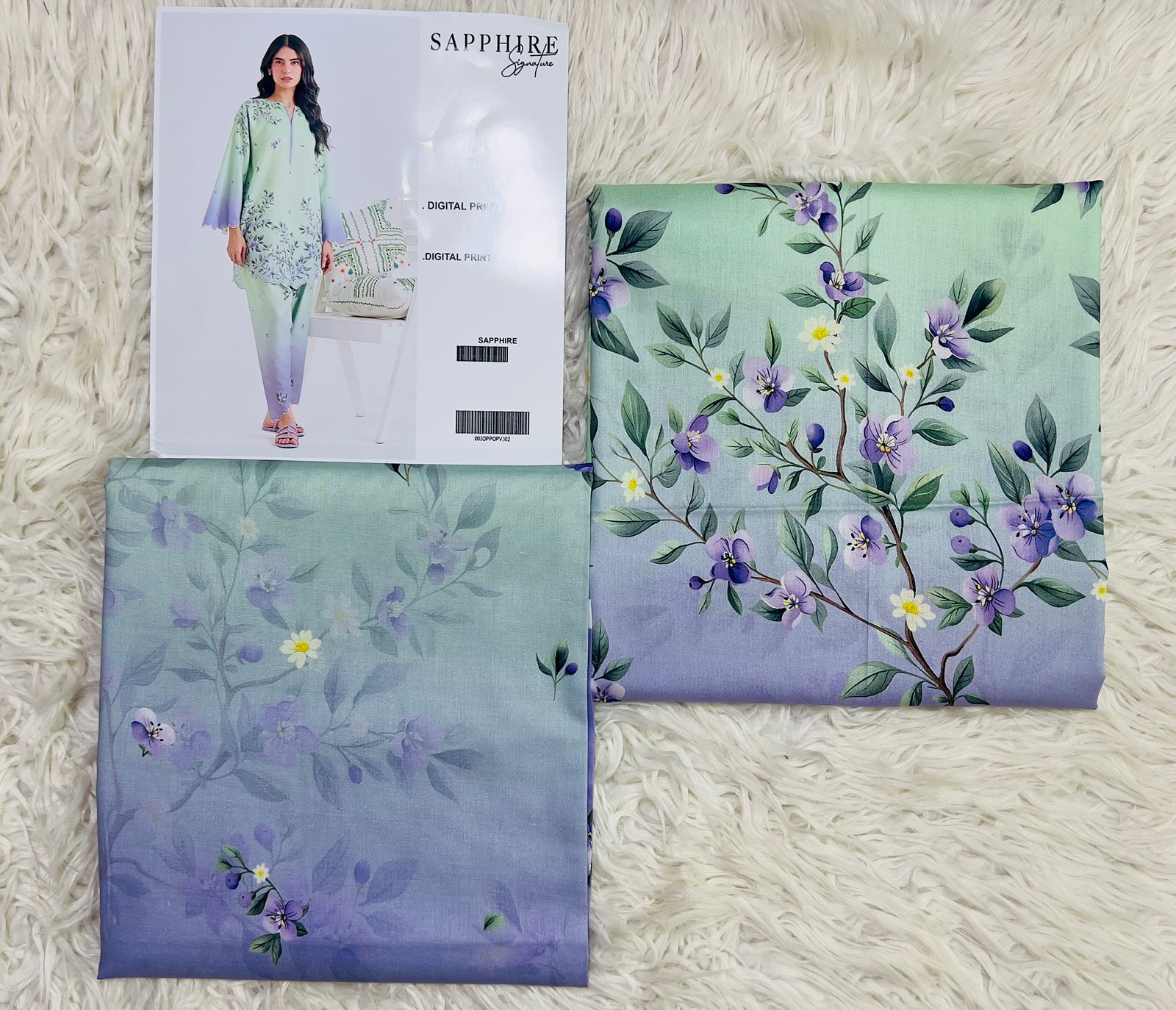 Shop the Sapphire digital printed lawn 2-piece unstitched suit for everyday summer style. Order now from IZ Pattern and Place.
