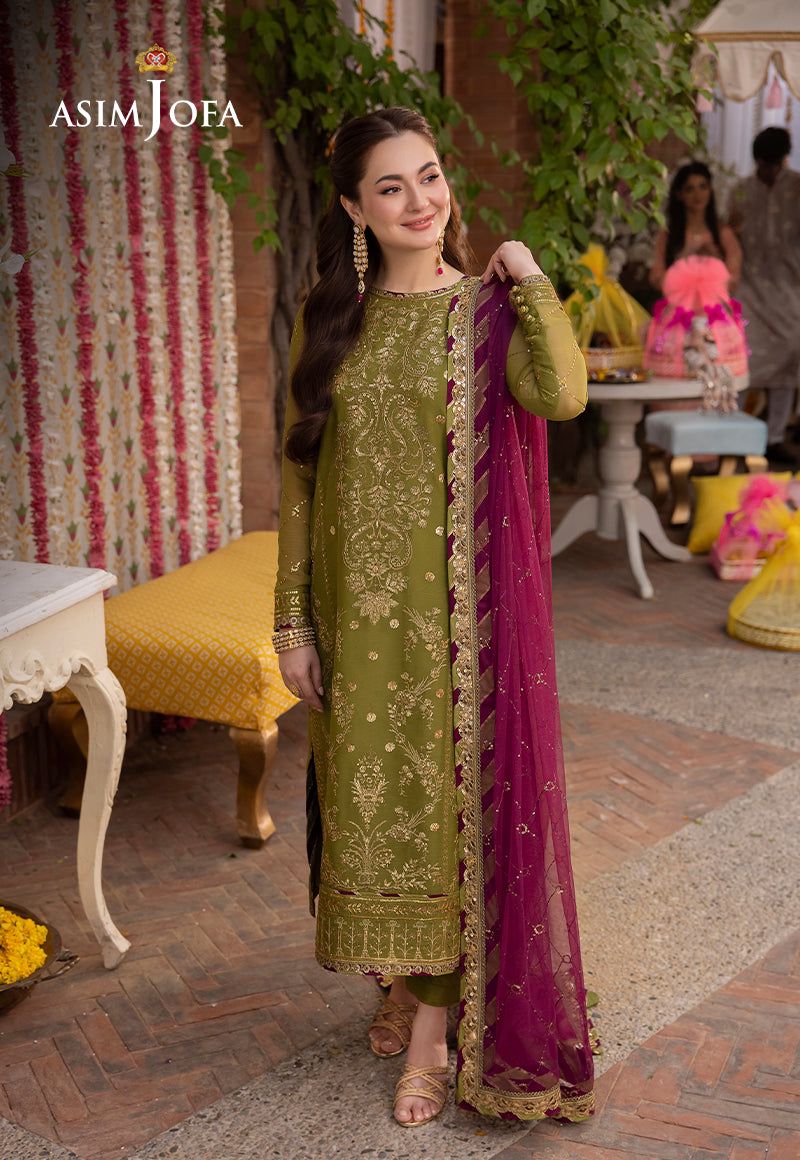 Shop the Asim Jofa replica chiffon 3-piece suit with satin silk trouser and heavy sequence work. Order now from IZ Pattern and Place.