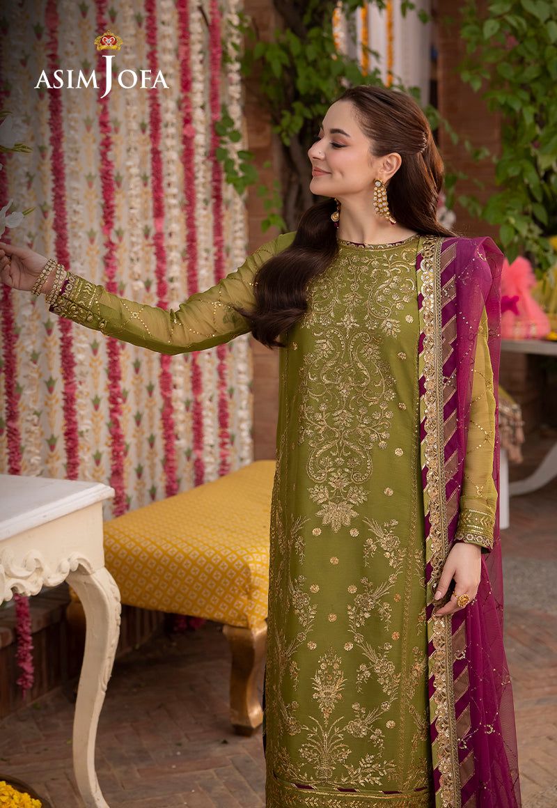 Shop the Asim Jofa replica chiffon 3-piece suit with satin silk trouser and heavy sequence work. Order now from IZ Pattern and Place.