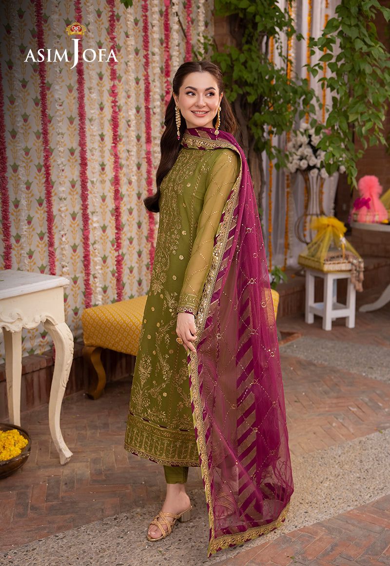 Shop the Asim Jofa replica chiffon 3-piece suit with satin silk trouser and heavy sequence work. Order now from IZ Pattern and Place.