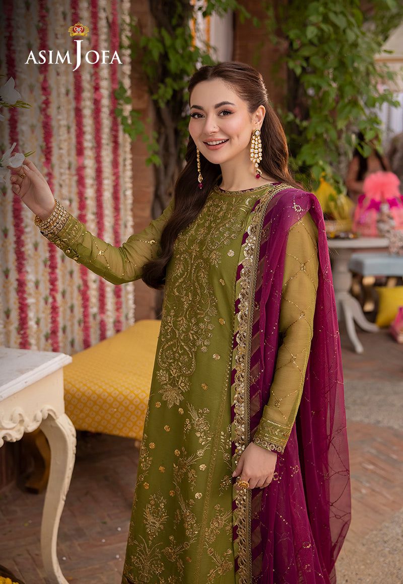 Shop the Asim Jofa replica chiffon 3-piece suit with satin silk trouser and heavy sequence work. Order now from IZ Pattern and Place.