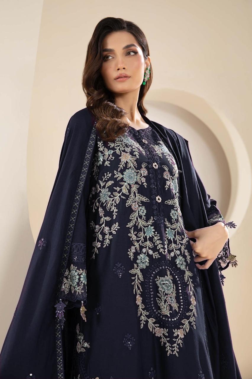 Shop the Maria B Summer Collection lawn cotton embroidered 3-piece suit with ready-to-wear chiffon dupatta. Order now from IZ Pattern and Place.