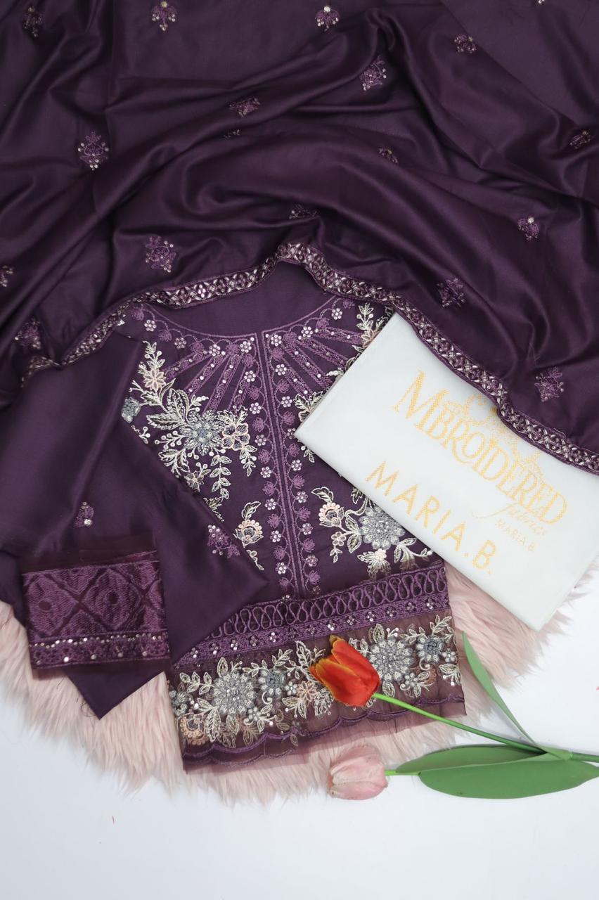 Shop the Maria B Summer Collection lawn cotton embroidered 3-piece suit with ready-to-wear chiffon dupatta. Order now from IZ Pattern and Place.