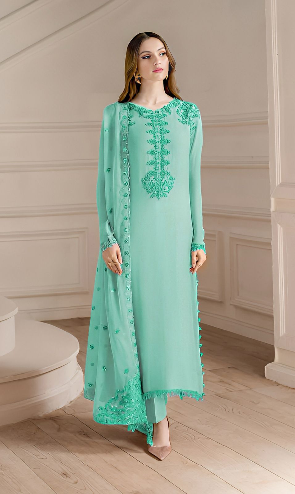 Shop the Iznik Luxury Collection embroidered 3-piece lawn suit with ready-to-wear chiffon dupatta. Order now from IZ Pattern and Place.