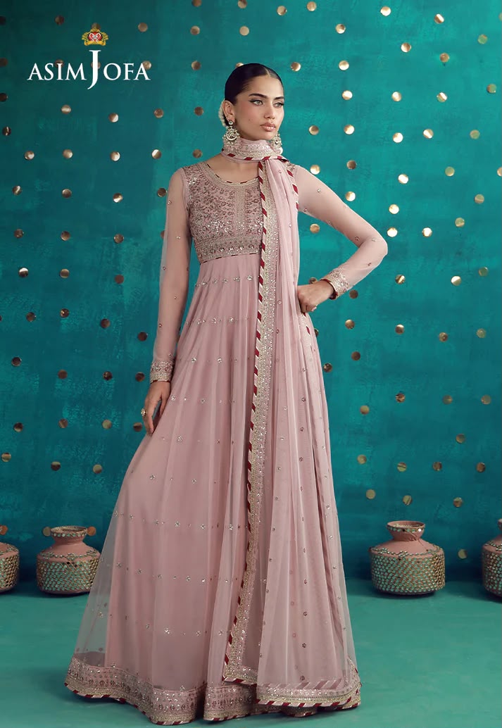 Shop the Asim Jofa replica chiffon suit with sequence work and soft Malai trouser. Order now from IZ Pattern and Place.