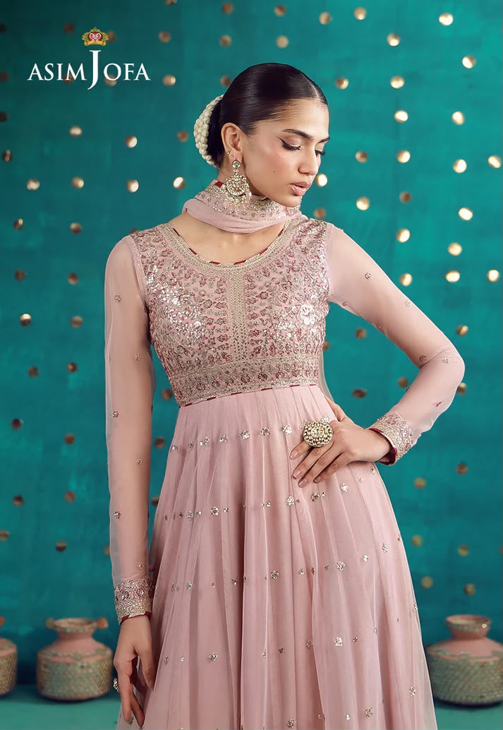 Shop the Asim Jofa replica chiffon suit with sequence work and soft Malai trouser. Order now from IZ Pattern and Place.
