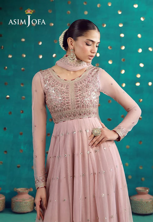 Shop the Asim Jofa replica chiffon suit with sequence work and soft Malai trouser. Order now from IZ Pattern and Place.