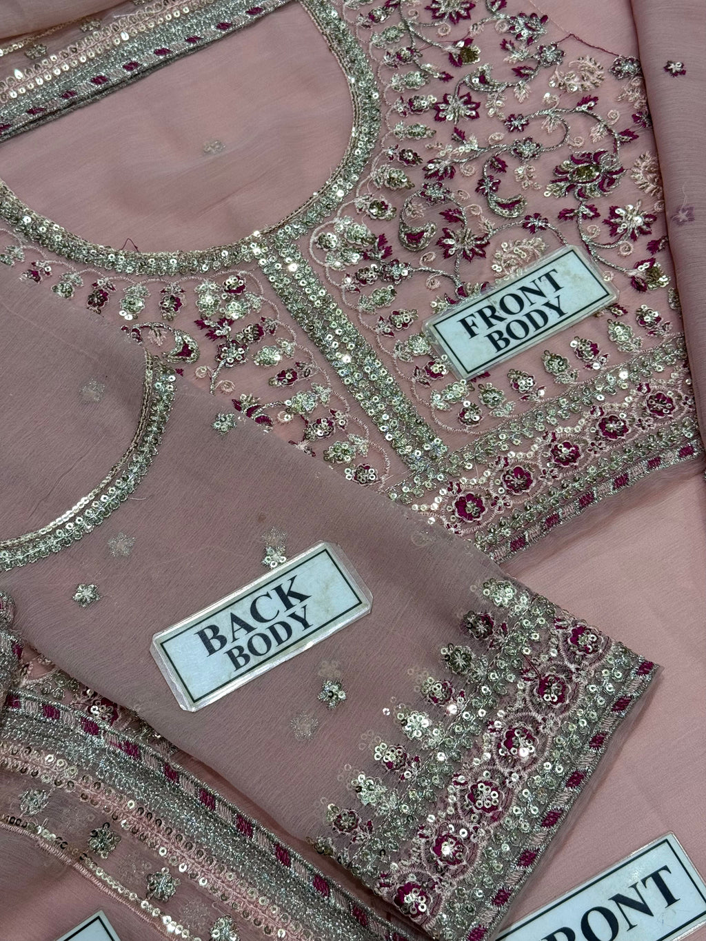 Shop the Asim Jofa replica chiffon suit with sequence work and soft Malai trouser. Order now from IZ Pattern and Place.