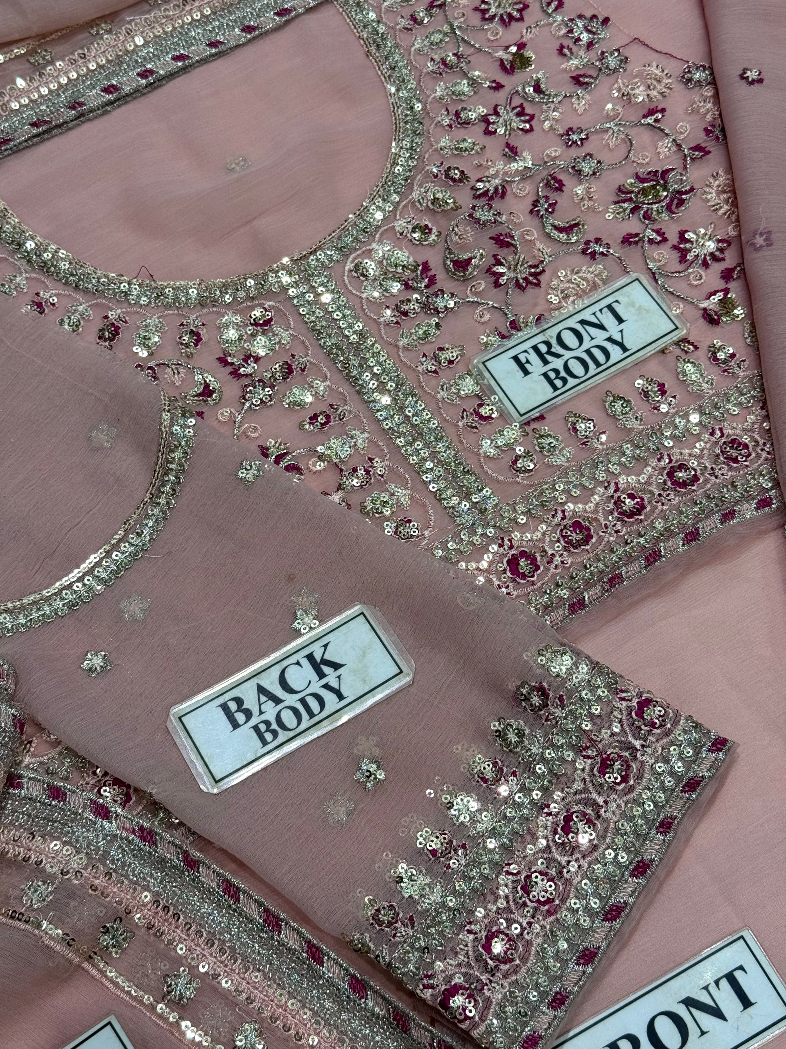 Shop the Asim Jofa replica chiffon suit with sequence work and soft Malai trouser. Order now from IZ Pattern and Place.