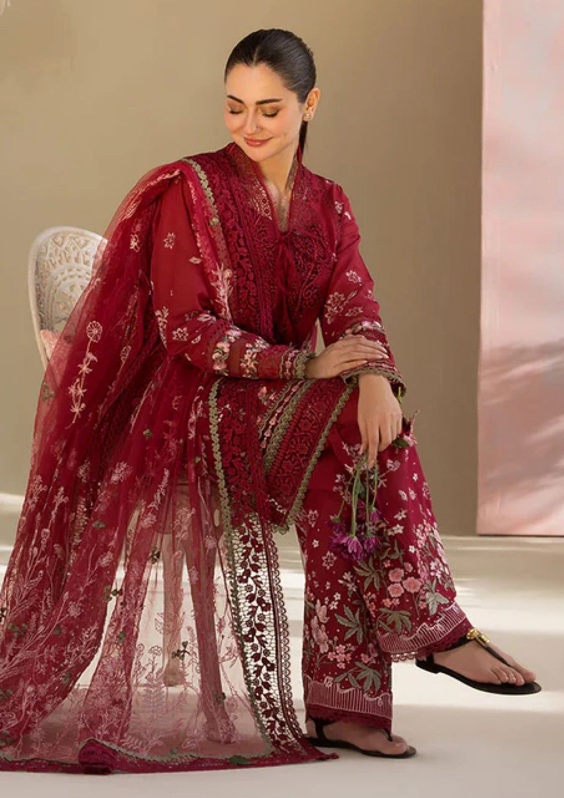 Shop the Sobia Nazir Summer Collection embroidered 3-piece lawn suit with soft Indian chiffon dupatta. Order now from IZ Pattern and Place.