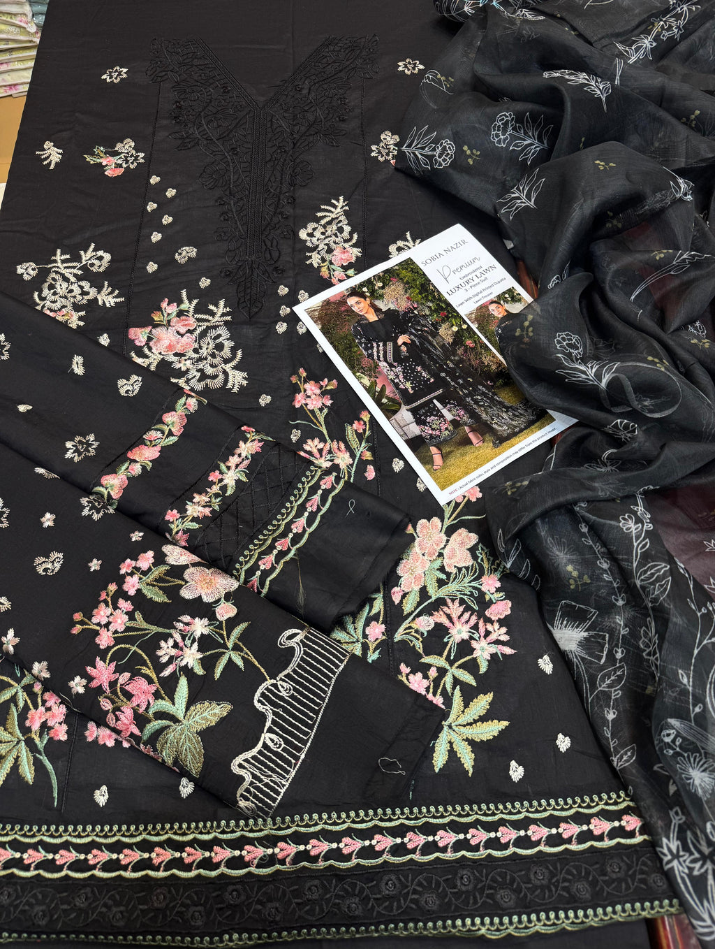 Shop the Sobia Nazir Summer Collection embroidered 3-piece lawn suit with soft Indian chiffon dupatta. Order now from IZ Pattern and Place.