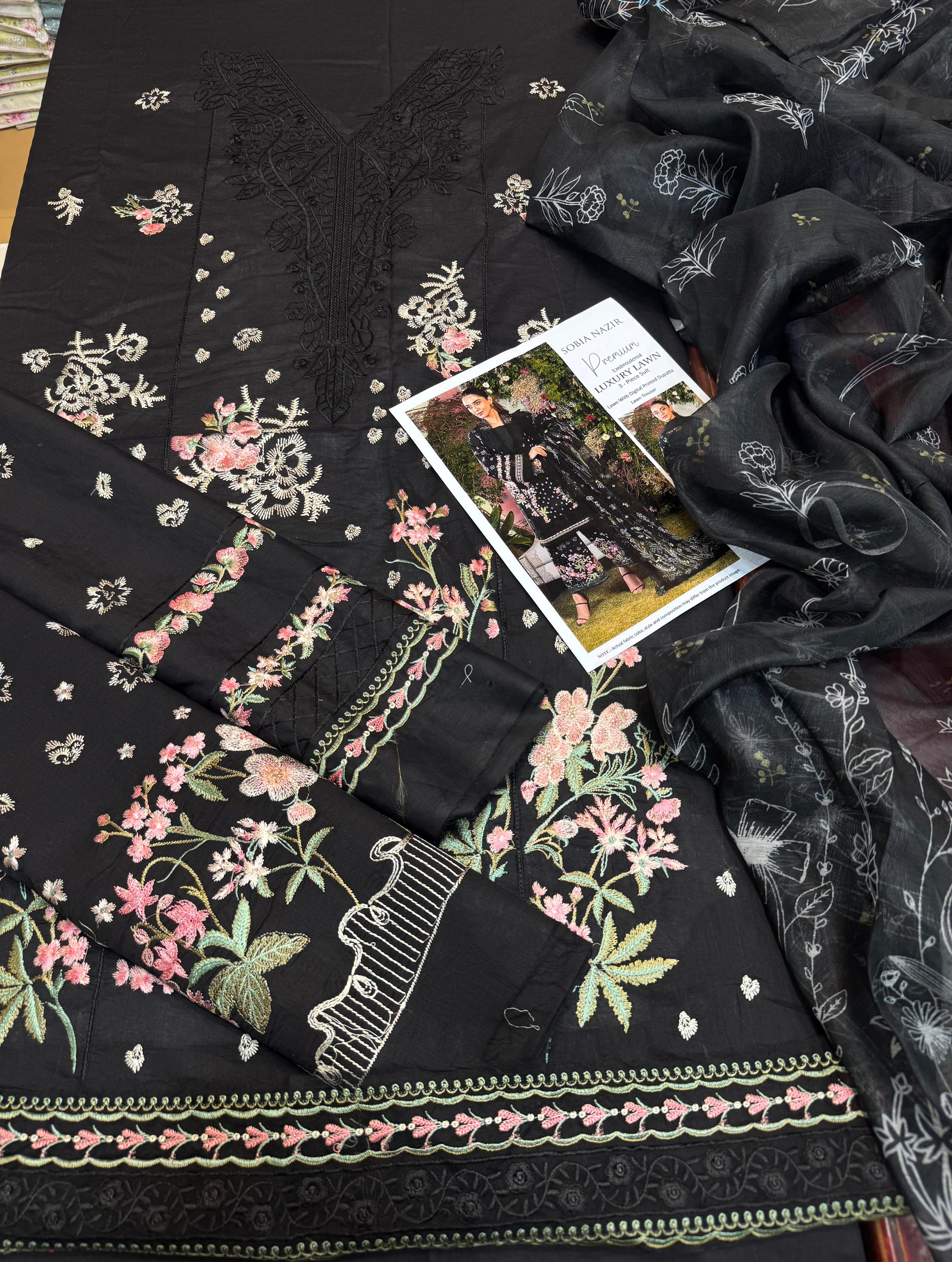 Shop the Sobia Nazir Summer Collection embroidered 3-piece lawn suit with soft Indian chiffon dupatta. Order now from IZ Pattern and Place.