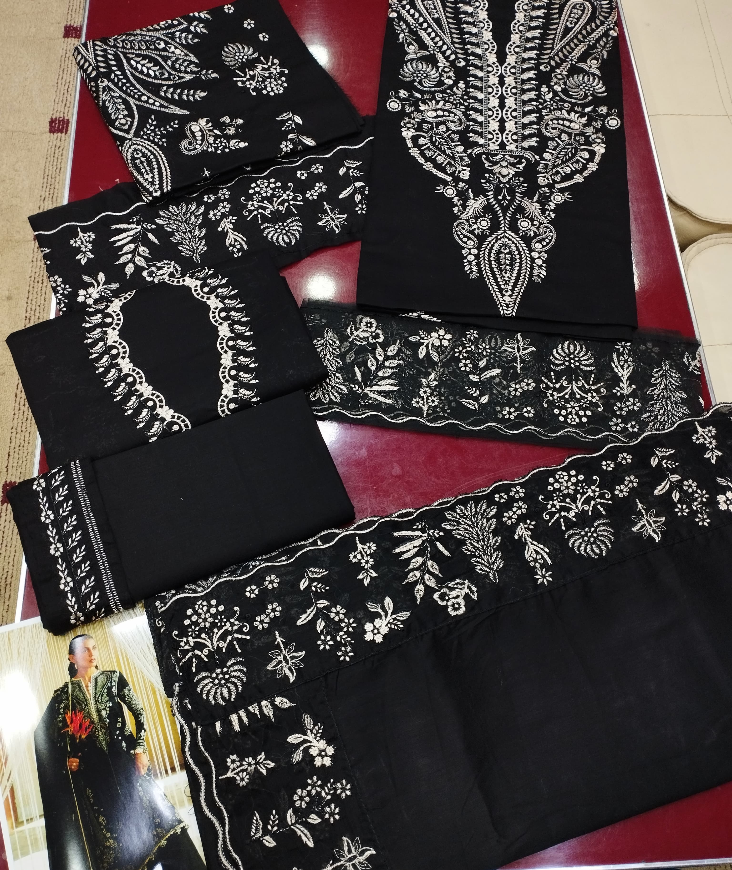Shop the Hussain Rehar Luxury Airjet Lawn embroidered 3-piece suit with lawn voile dupatta. Order now from IZ Pattern and Place.