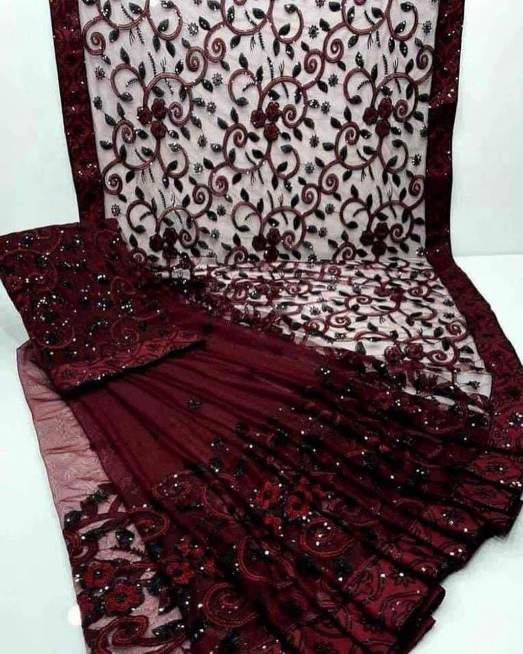 Shop the Designer Soft Net embroidered saree with heavy sequence work for weddings and festive occasions. Order now from IZ Pattern and Place.
