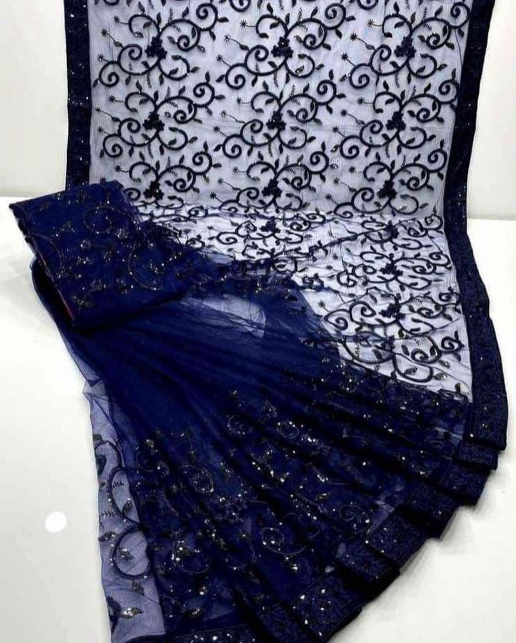 Shop the Designer Soft Net embroidered saree with heavy sequence work for weddings and festive occasions. Order now from IZ Pattern and Place.