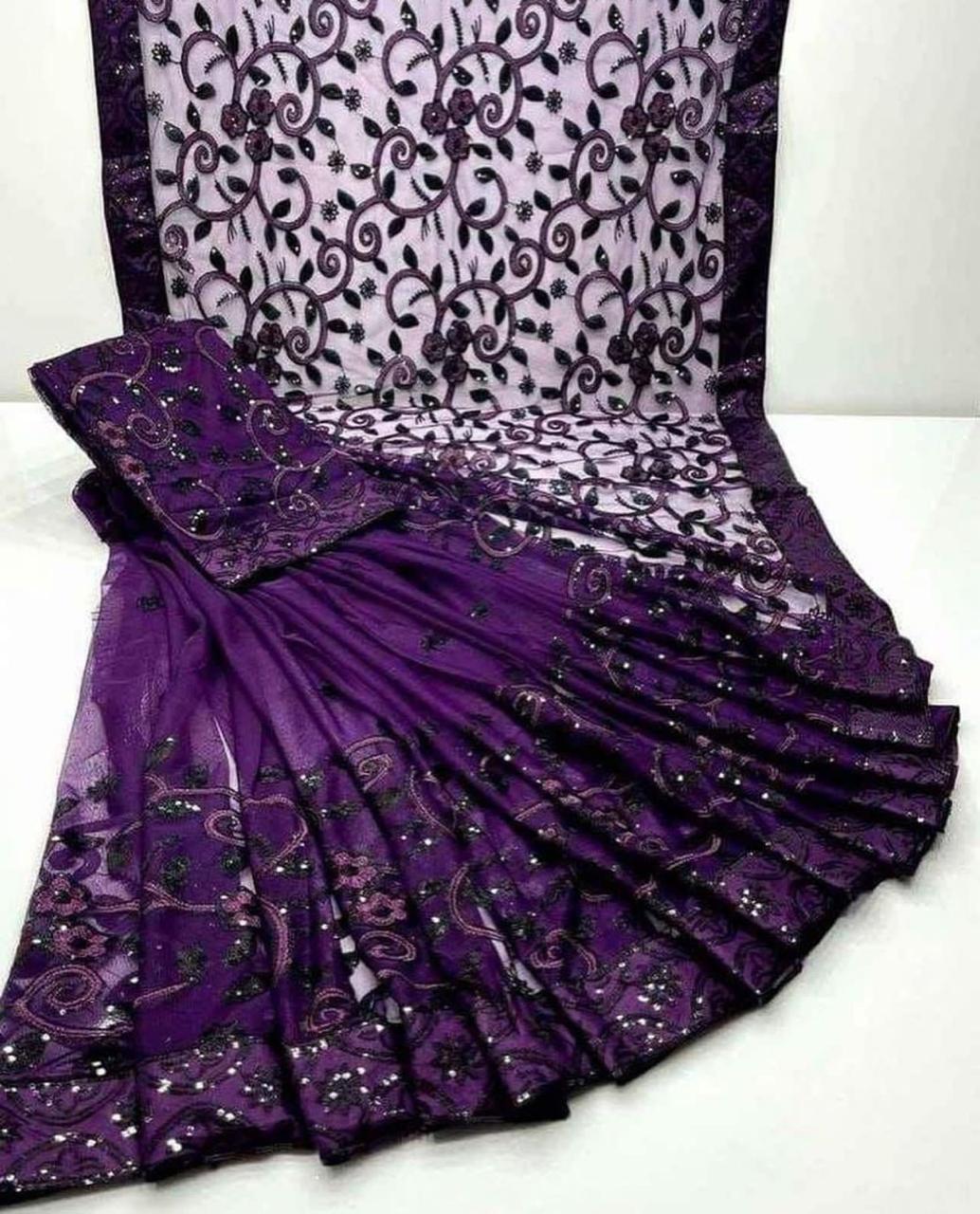 Shop the Designer Soft Net embroidered saree with heavy sequence work for weddings and festive occasions. Order now from IZ Pattern and Place.