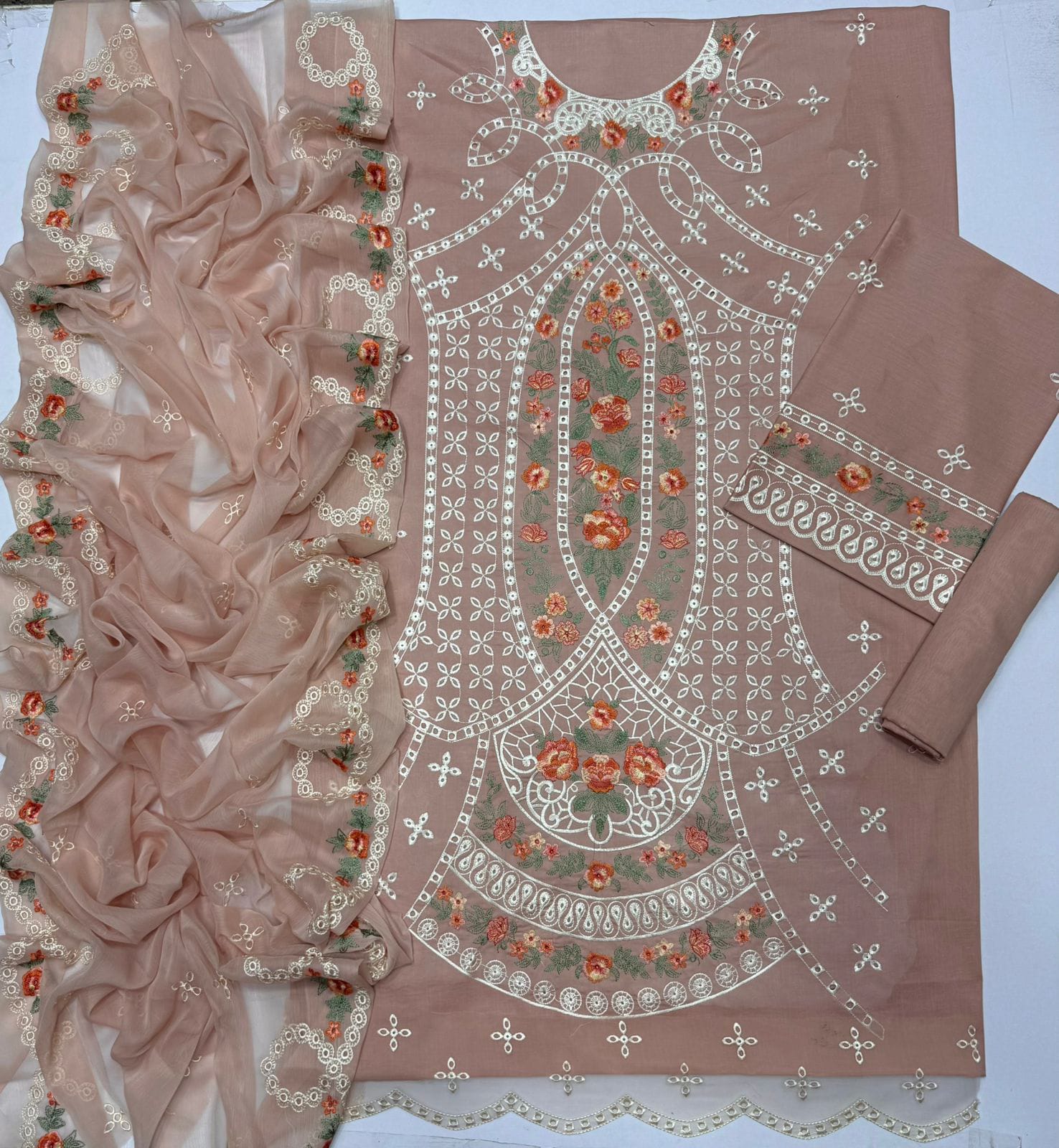 Zara Shahjahan Airjet Lawn 90/70 embroidered suit with Bamber chiffon dupatta.