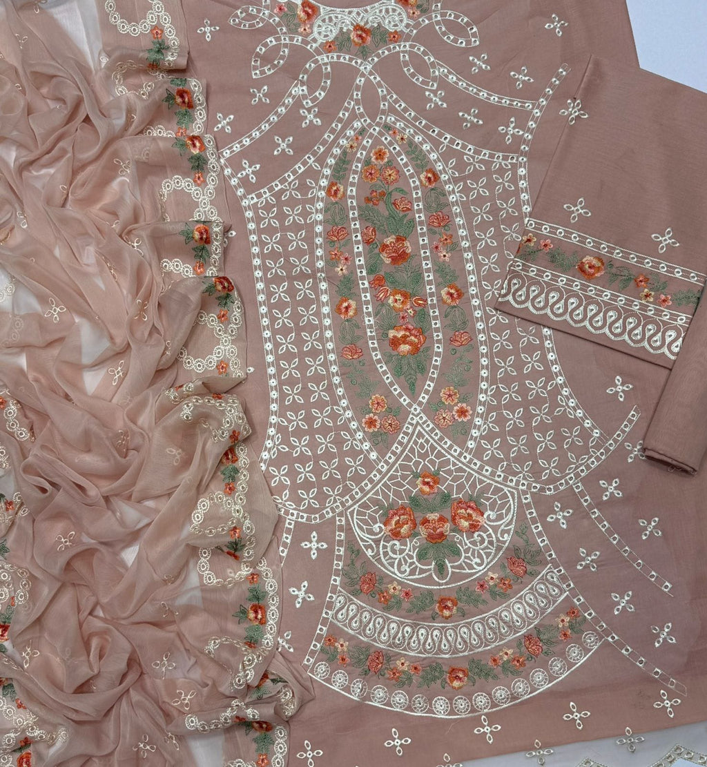 Zara Shahjahan Airjet Lawn 90/70 embroidered suit with Bamber chiffon dupatta.