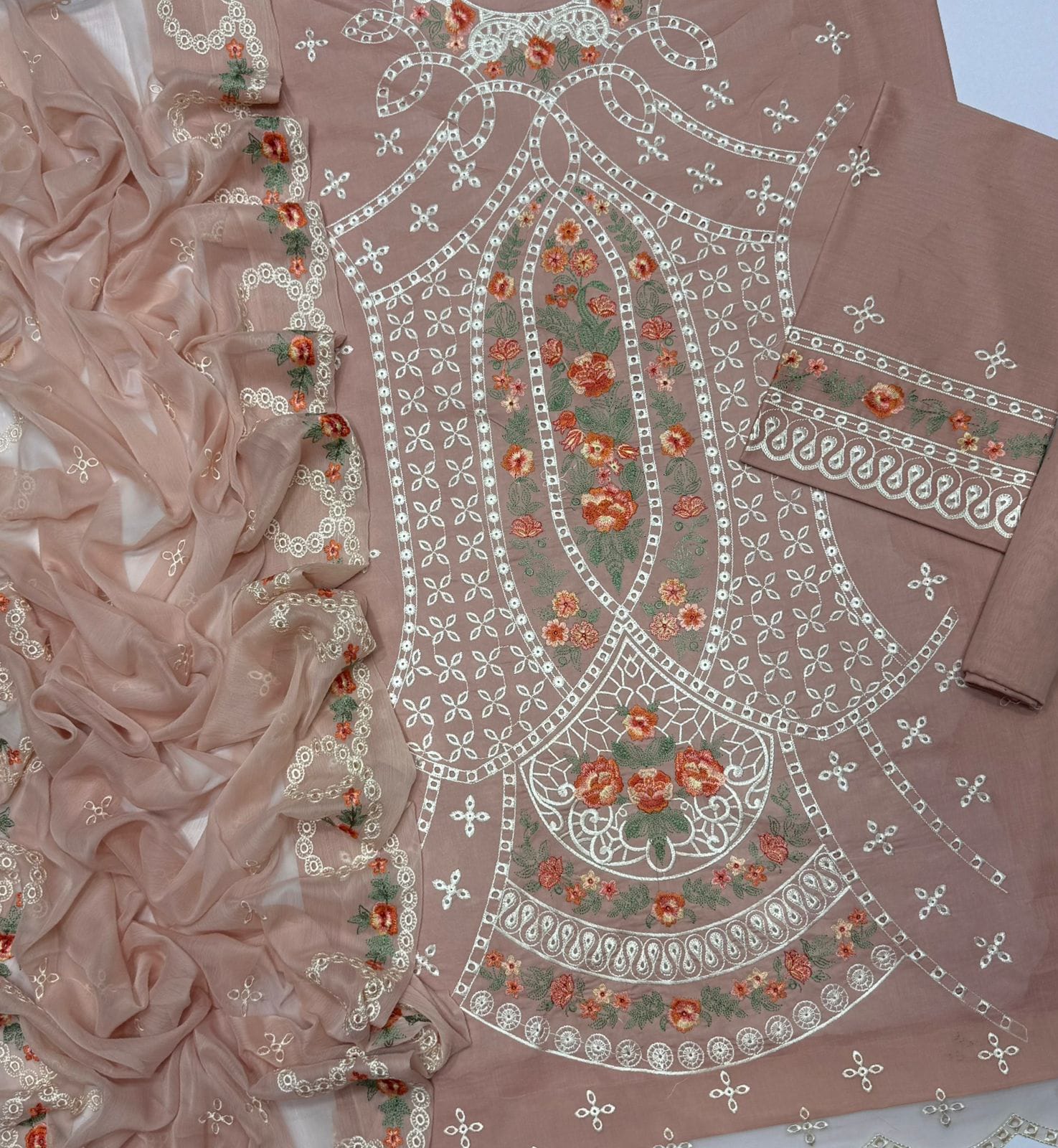 Zara Shahjahan Airjet Lawn 90/70 embroidered suit with Bamber chiffon dupatta.