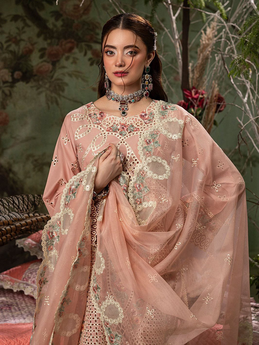 Zara Shahjahan Airjet Lawn 90/70 embroidered suit with Bamber chiffon dupatta.