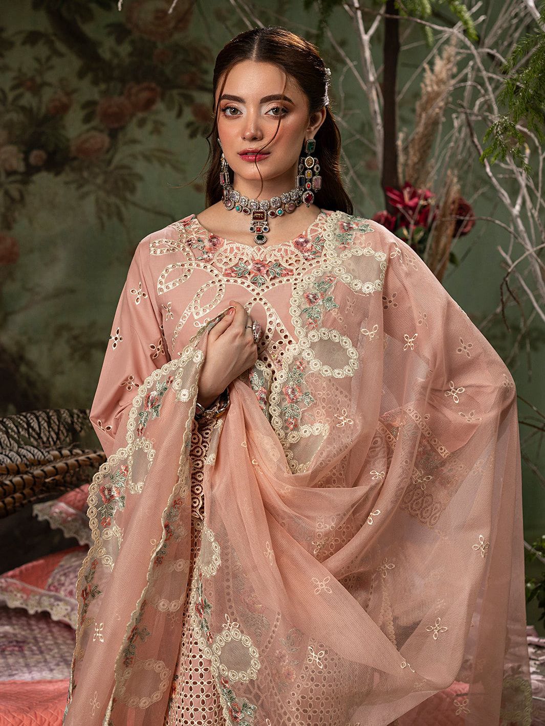 Zara Shahjahan Airjet Lawn 90/70 embroidered suit with Bamber chiffon dupatta.