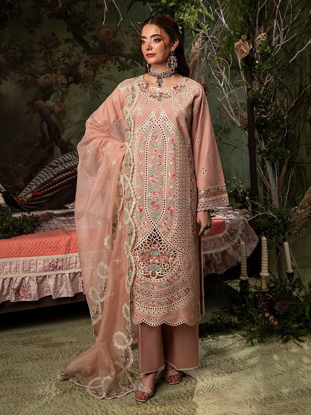 Zara Shahjahan Airjet Lawn 90/70 embroidered suit with Bamber chiffon dupatta.