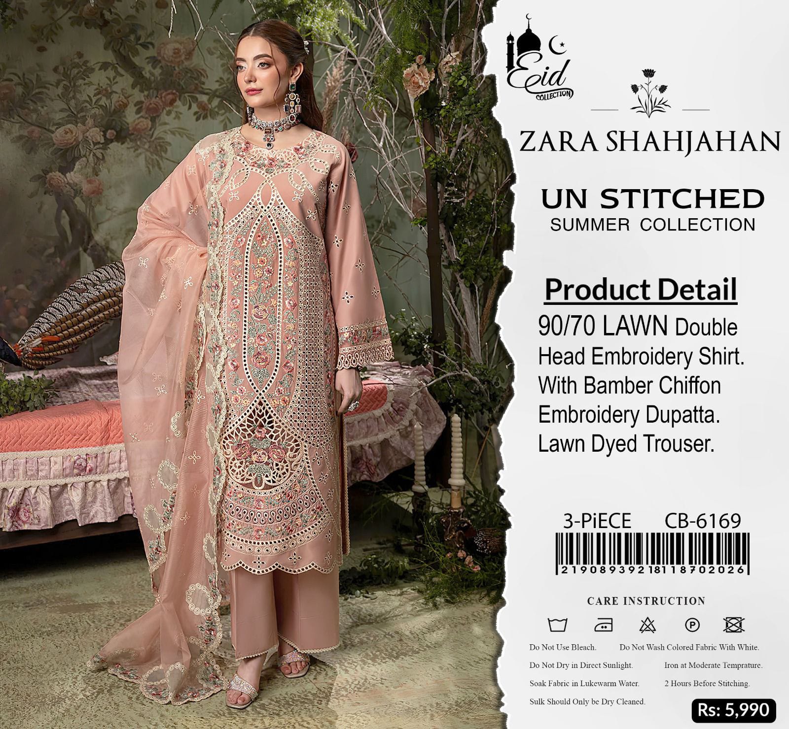 Zara Shahjahan Airjet Lawn 90/70 embroidered suit with Bamber chiffon dupatta.
