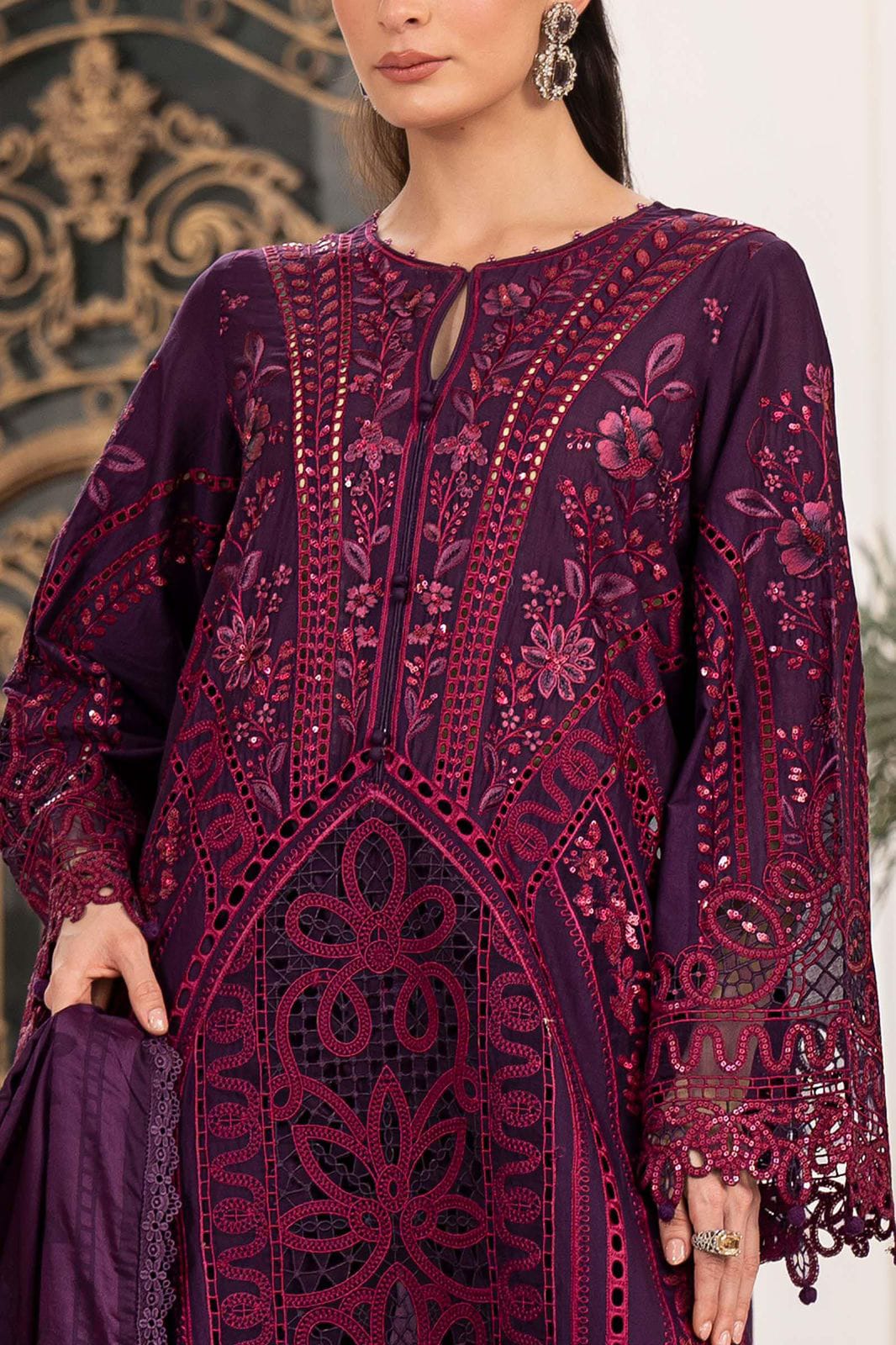 Maria B Airjet Lawn embroidered suit with sequence work and Bamber chiffon dupatta.