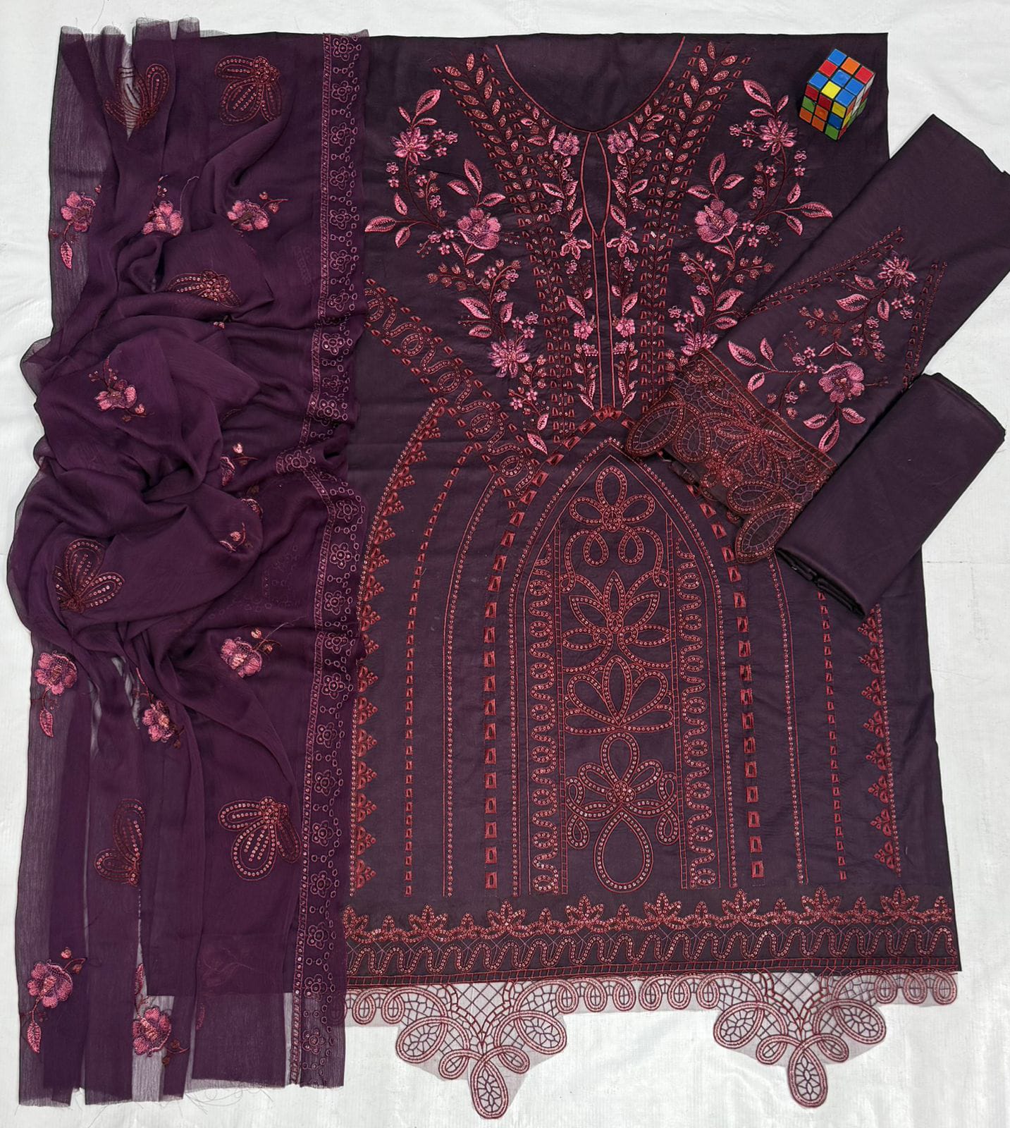 Maria B Airjet Lawn embroidered suit with sequence work and Bamber chiffon dupatta.