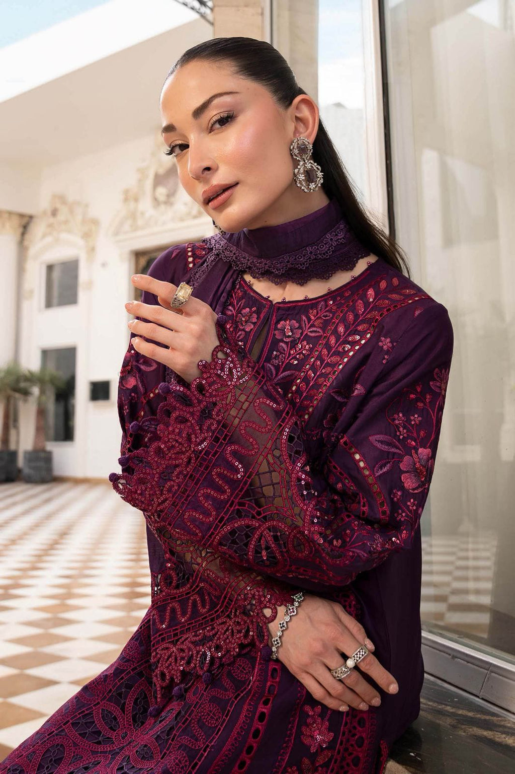 Maria B Airjet Lawn embroidered suit with sequence work and Bamber chiffon dupatta.