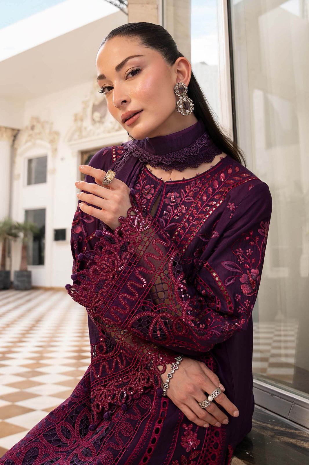 Maria B Airjet Lawn embroidered suit with sequence work and Bamber chiffon dupatta.