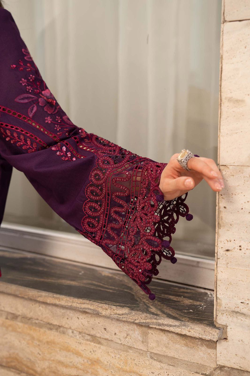 Maria B Airjet Lawn embroidered suit with sequence work and Bamber chiffon dupatta.