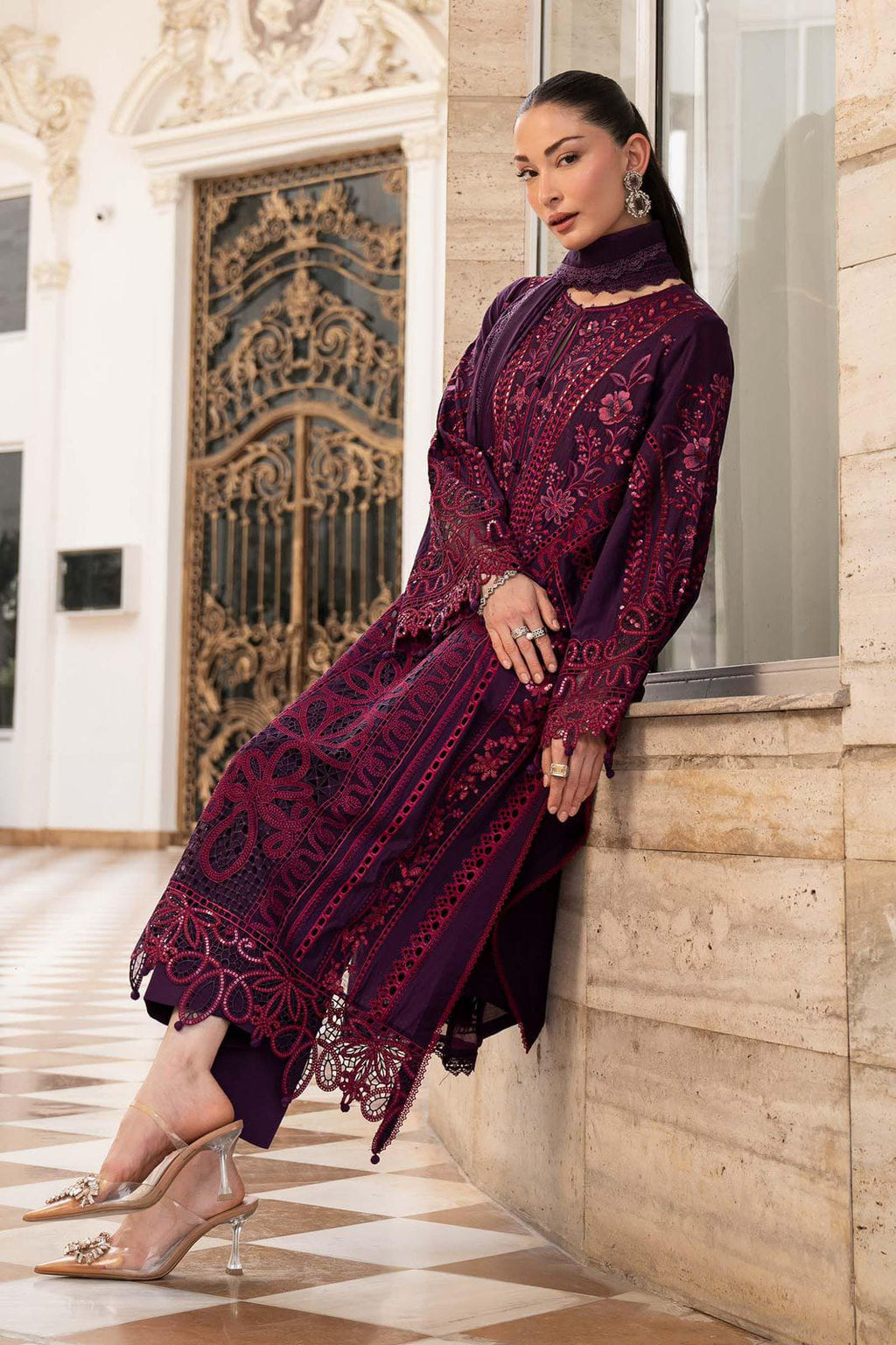 Maria B Airjet Lawn embroidered suit with sequence work and Bamber chiffon dupatta.