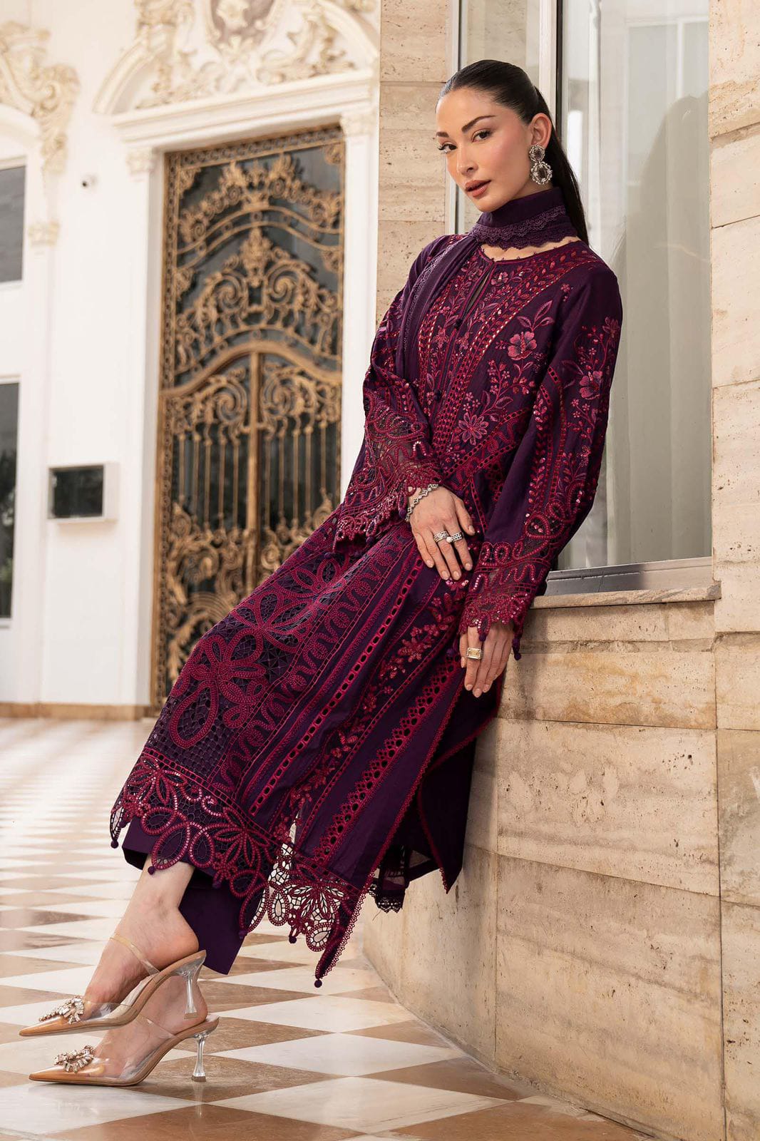 Maria B Airjet Lawn embroidered suit with sequence work and Bamber chiffon dupatta.