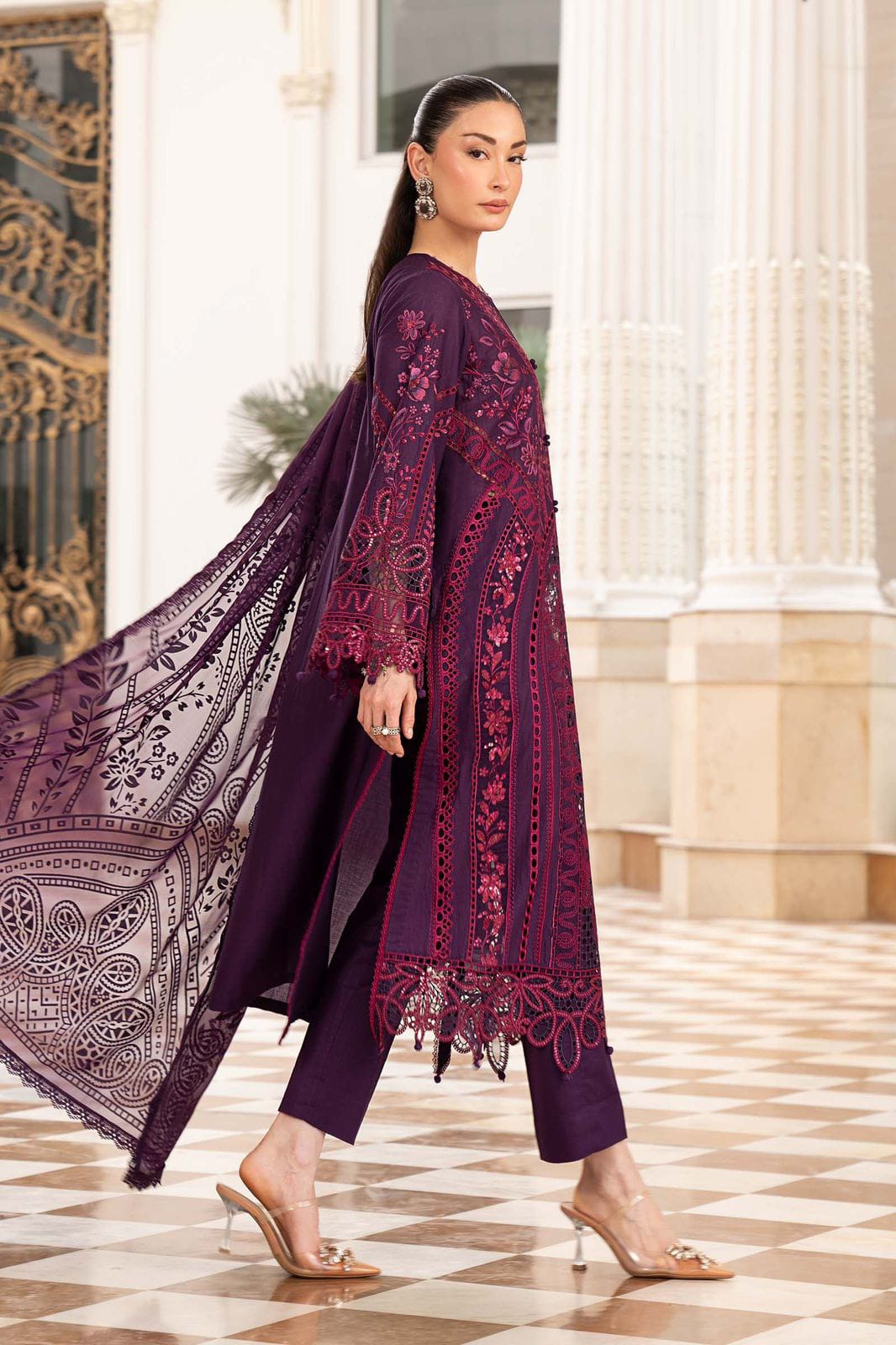 Maria B Airjet Lawn embroidered suit with sequence work and Bamber chiffon dupatta.