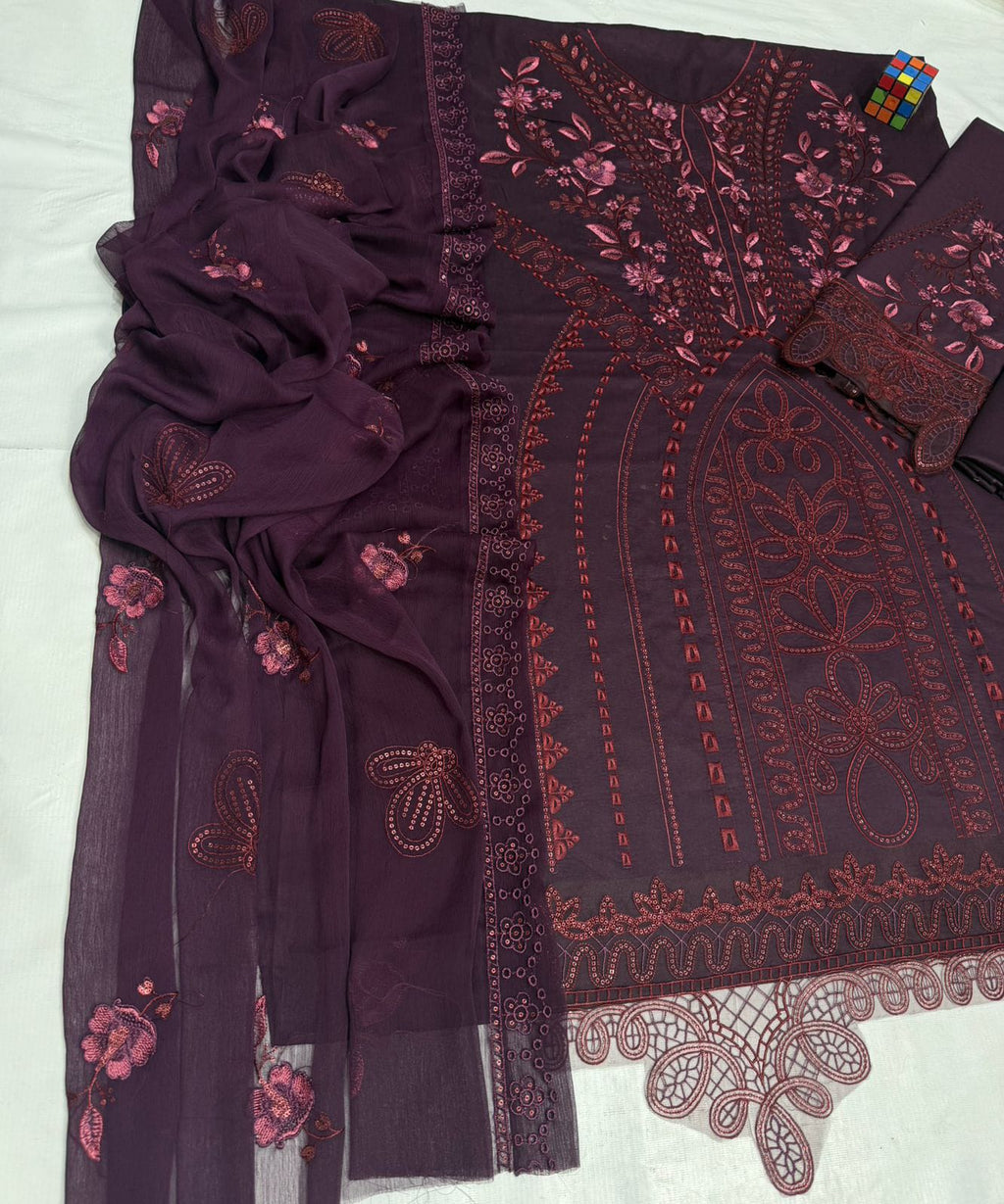 Maria B Airjet Lawn embroidered suit with sequence work and Bamber chiffon dupatta.