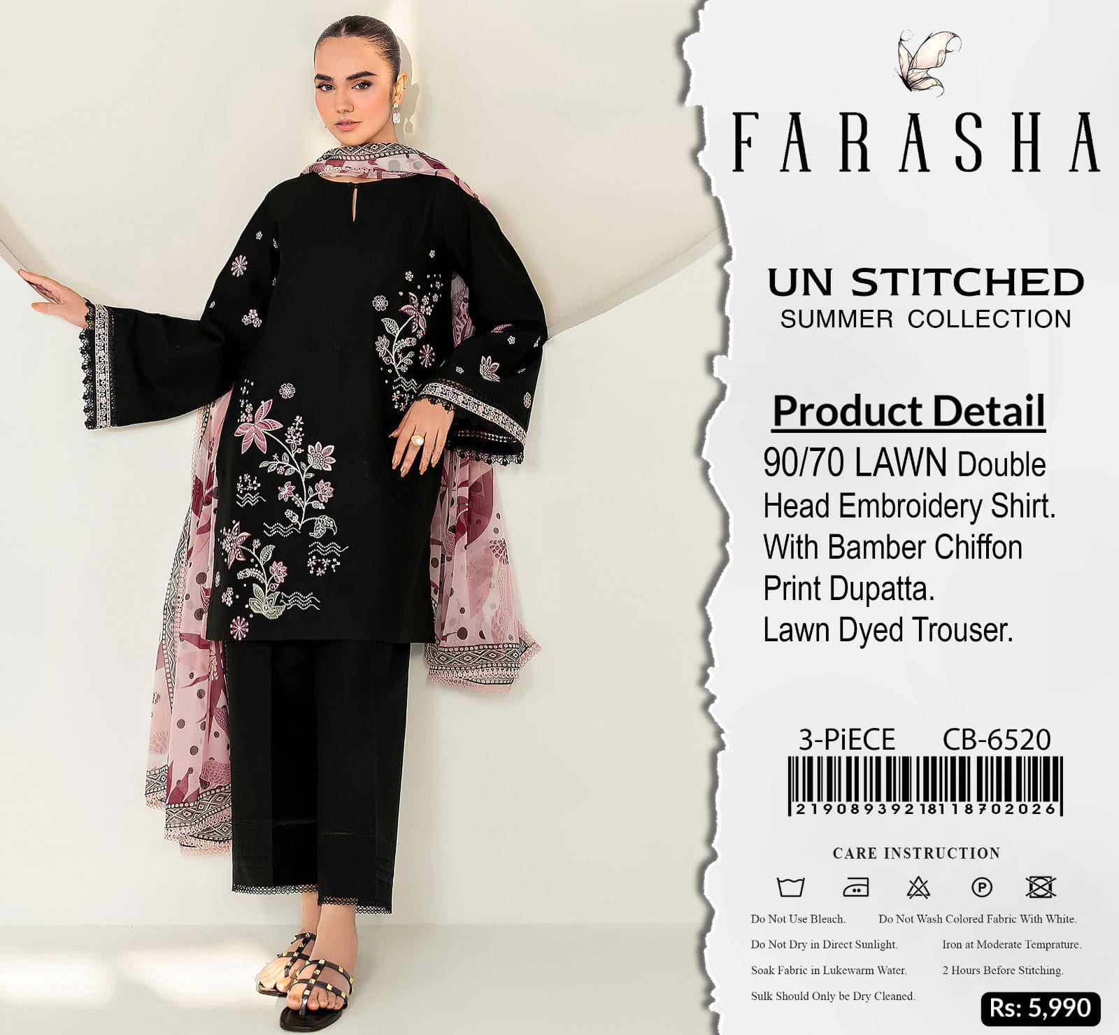 Order the Farasha Airjet Lawn embroidered suit with printed voile dupatta from IZ Pattern and Place today.