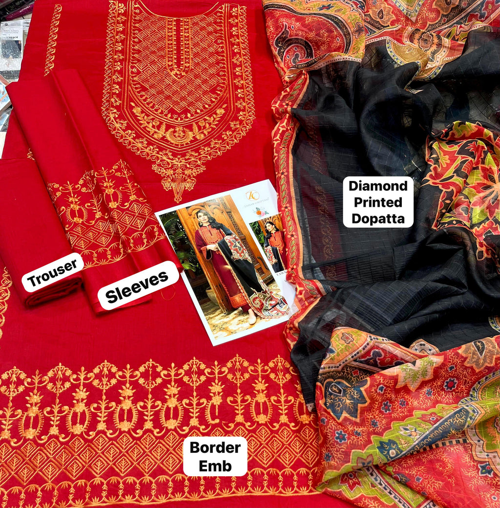 Shop the Zainab Chottani luxury embroidered lawn suit with digital diamond print dupatta. Order now from IZ Pattern and Place.