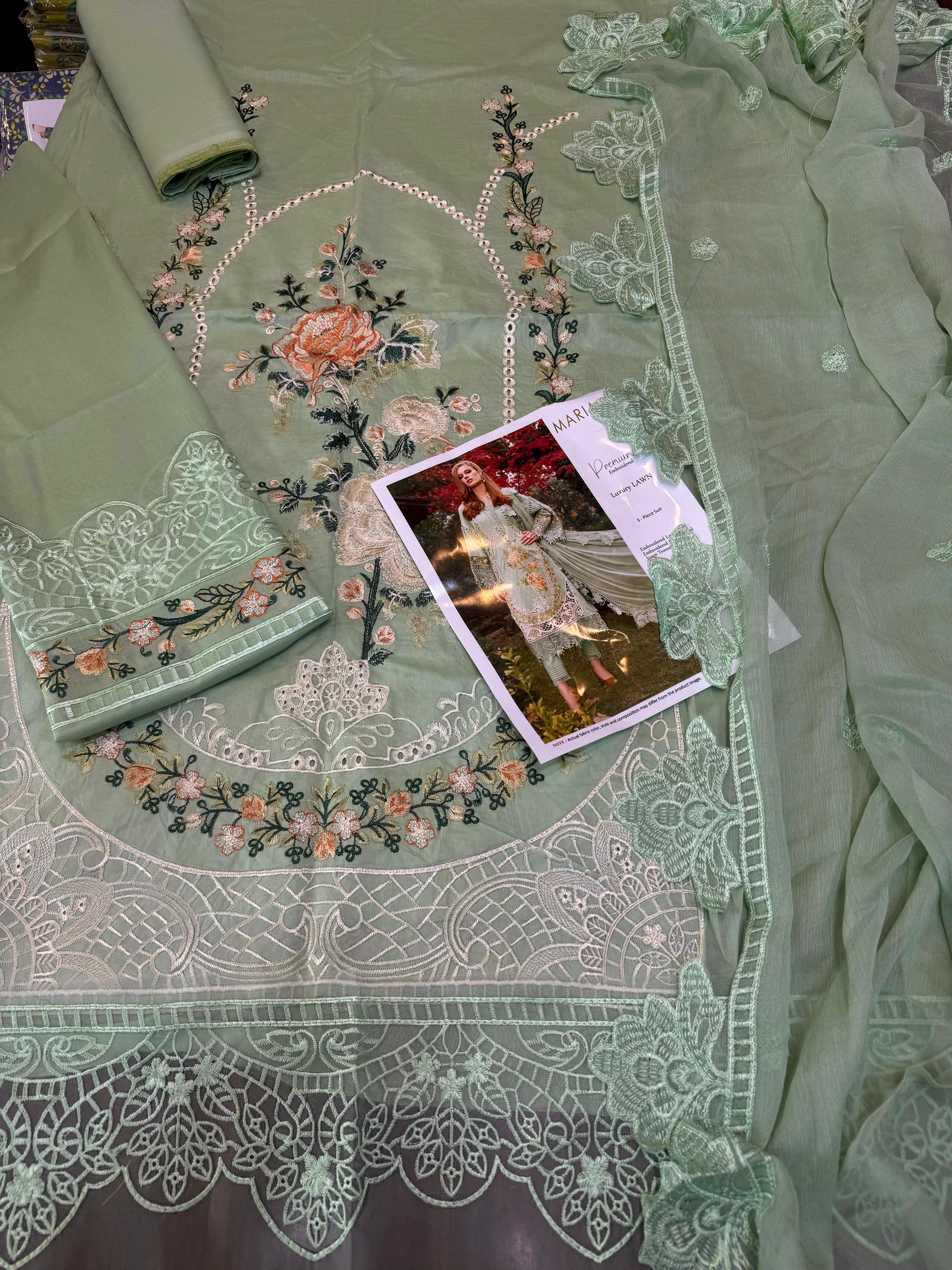 Shop the Maria B luxury lawn suit with embroidered chiffon dupatta. Order now from IZ Pattern and Place.