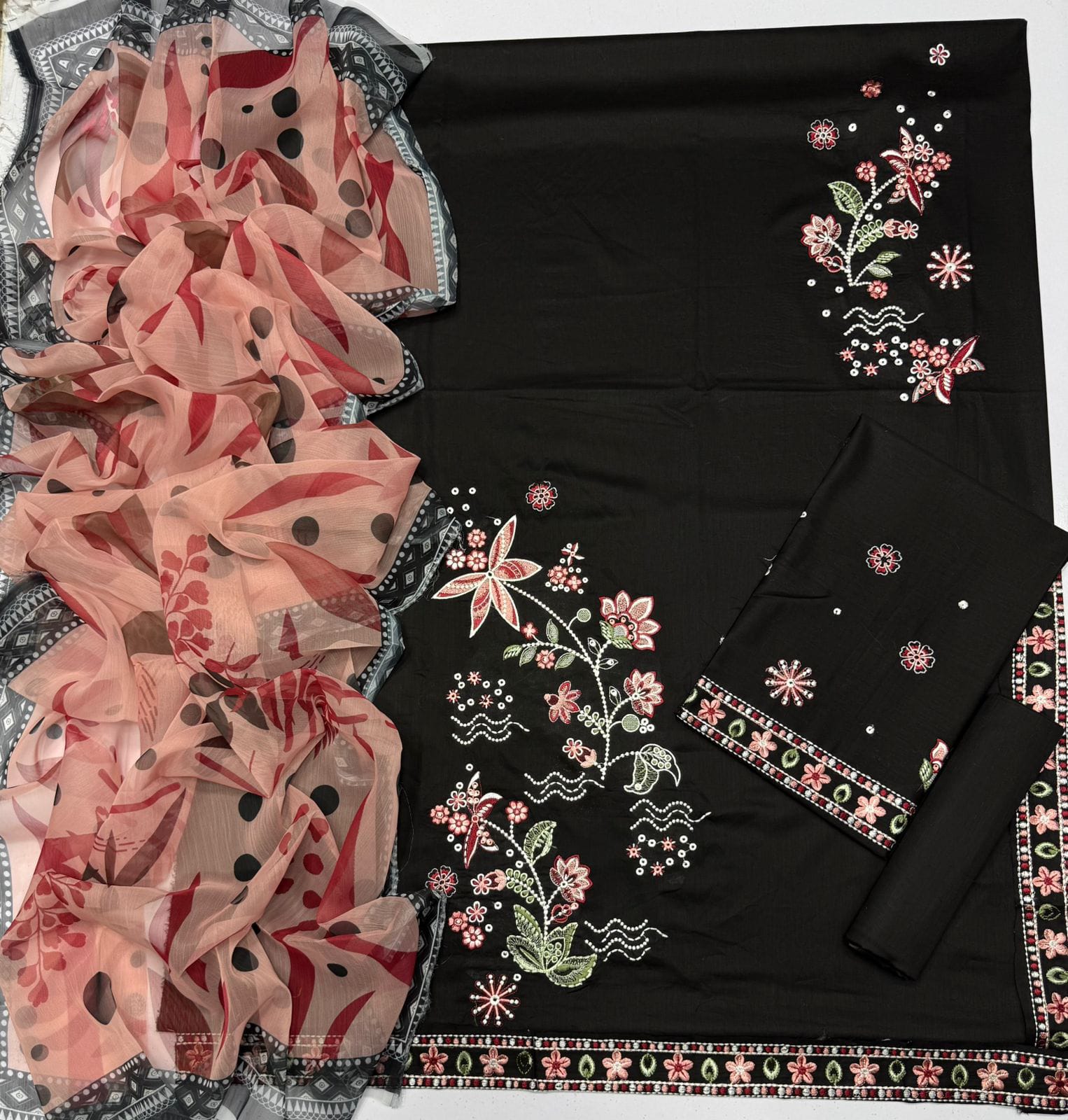 Order the Farasha Airjet Lawn embroidered suit with printed voile dupatta from IZ Pattern and Place today.