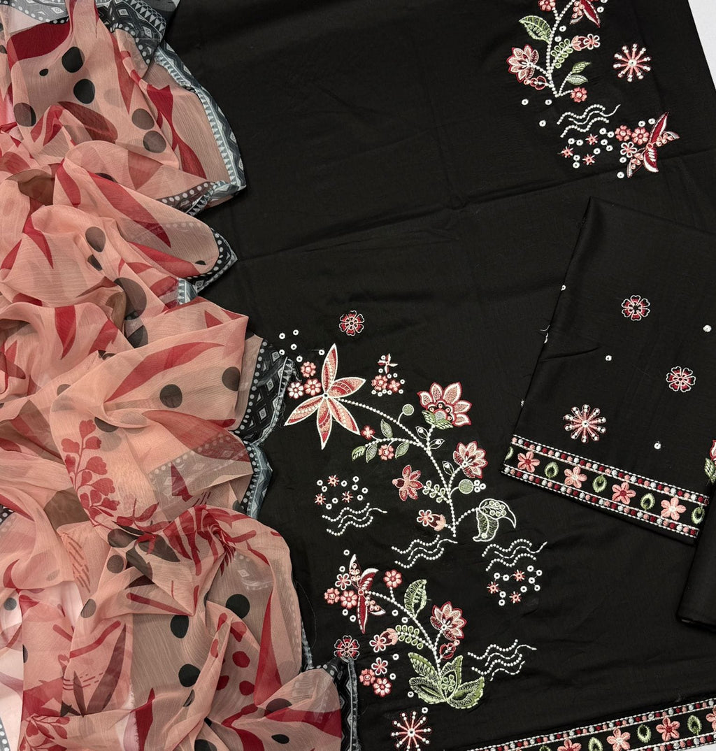 Order the Farasha Airjet Lawn embroidered suit with printed voile dupatta from IZ Pattern and Place today.