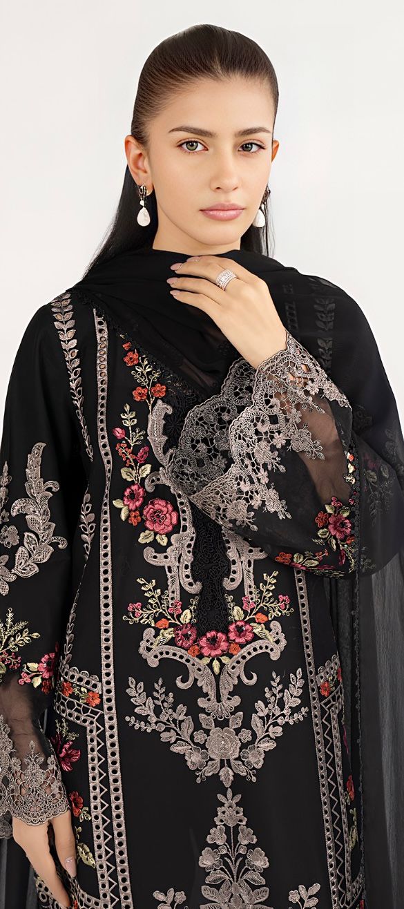Shop the Maria B embroidered lawn suit with cutwork border and chiffon dupatta. Order now from IZ Pattern and Place.