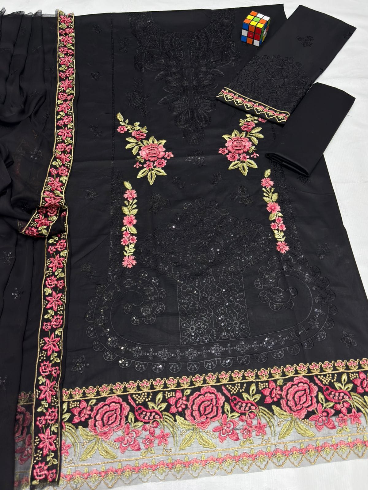 Shop the Maria B Luxury Airjet Lawn embroidered 3-piece suit with Bamber chiffon embroidered dupatta. Order now from IZ Pattern and Place.