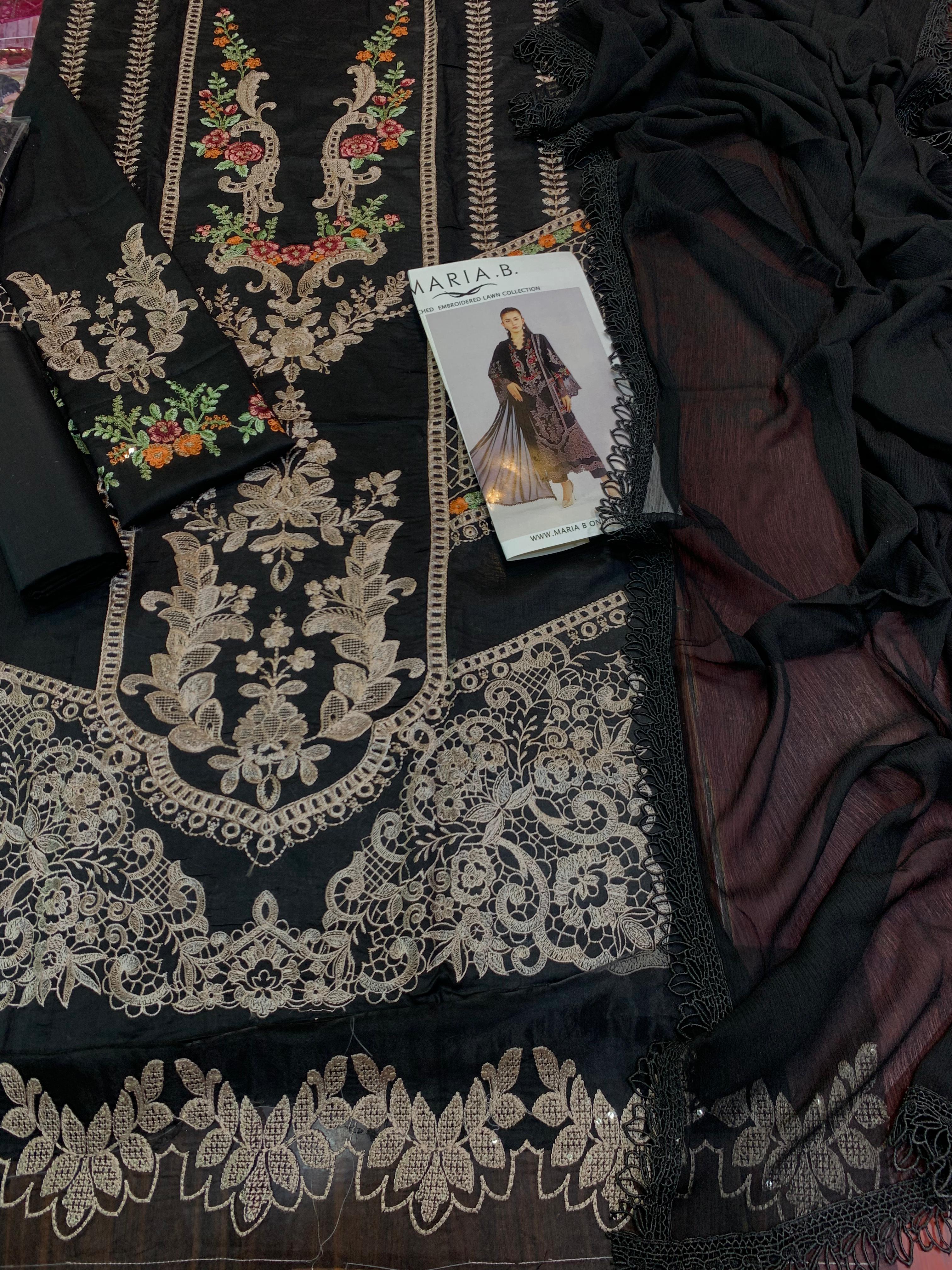 Shop the Maria B embroidered lawn suit with cutwork border and chiffon dupatta. Order now from IZ Pattern and Place.