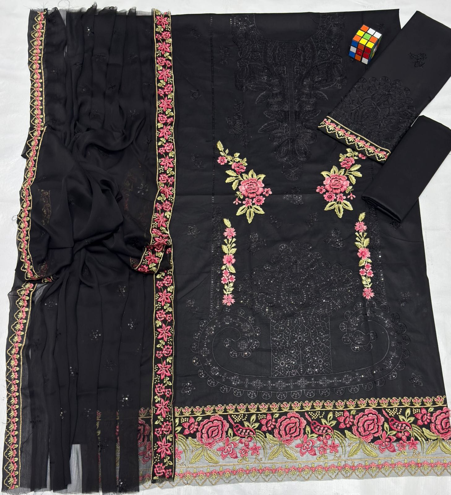 Shop the Maria B Luxury Airjet Lawn embroidered 3-piece suit with Bamber chiffon embroidered dupatta. Order now from IZ Pattern and Place.