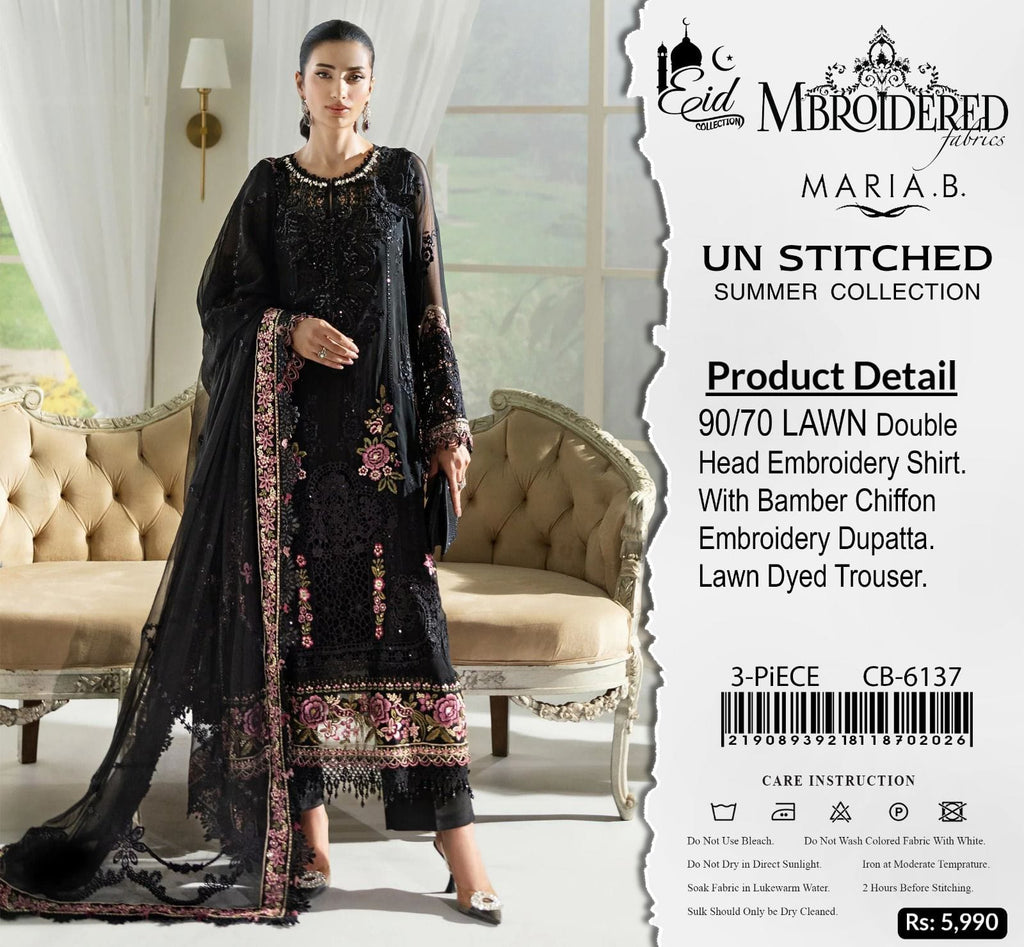 Shop the Maria B Luxury Airjet Lawn embroidered 3-piece suit with Bamber chiffon embroidered dupatta. Order now from IZ Pattern and Place.